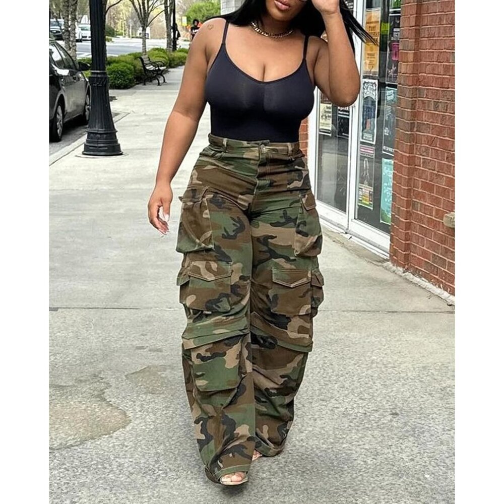 Baggy Cargo Jeans for Women Camo Denim Pants with Pockets Streetwear - Picture 3 of 6